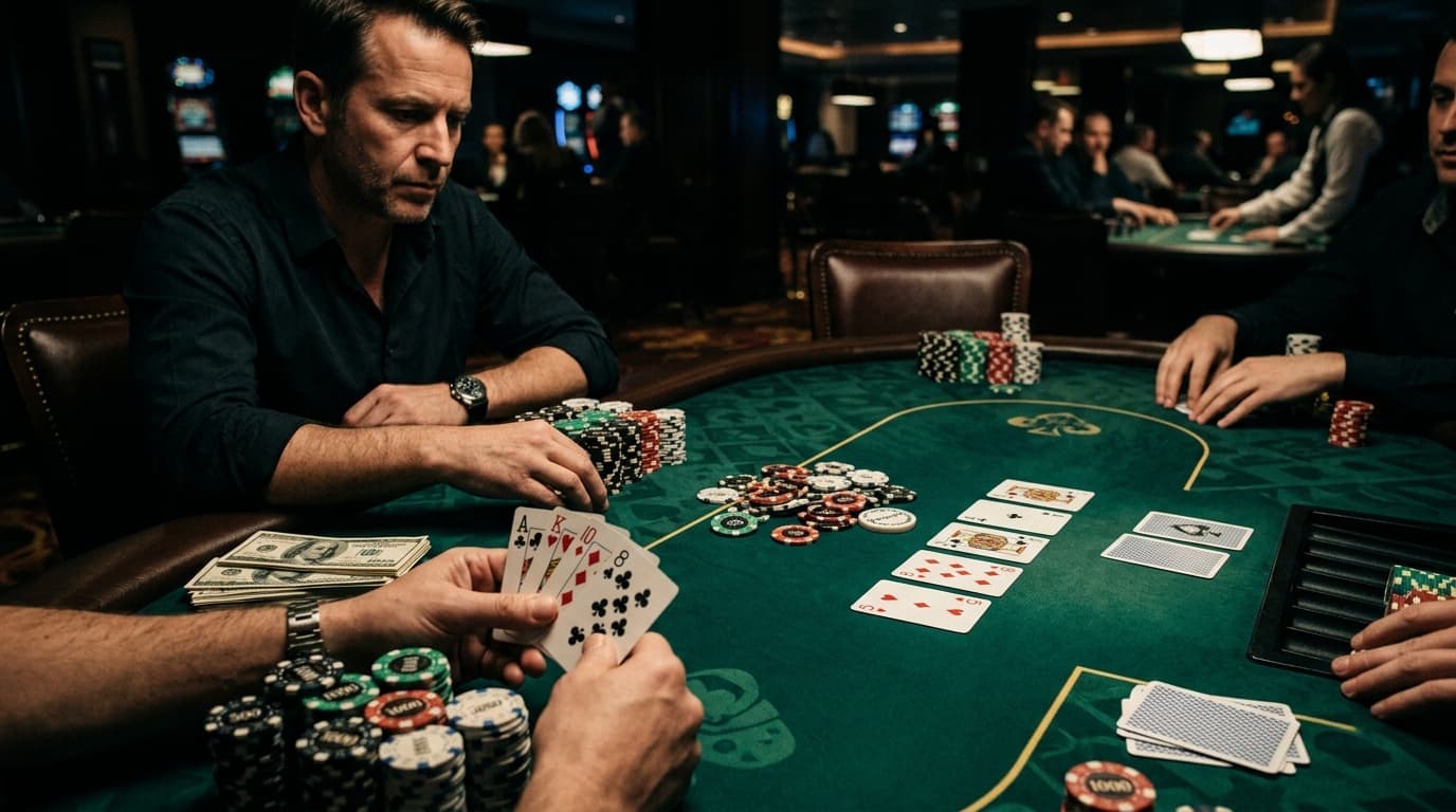 A four-card hand sits in front of deep stacks, with the size of the game built into the view.