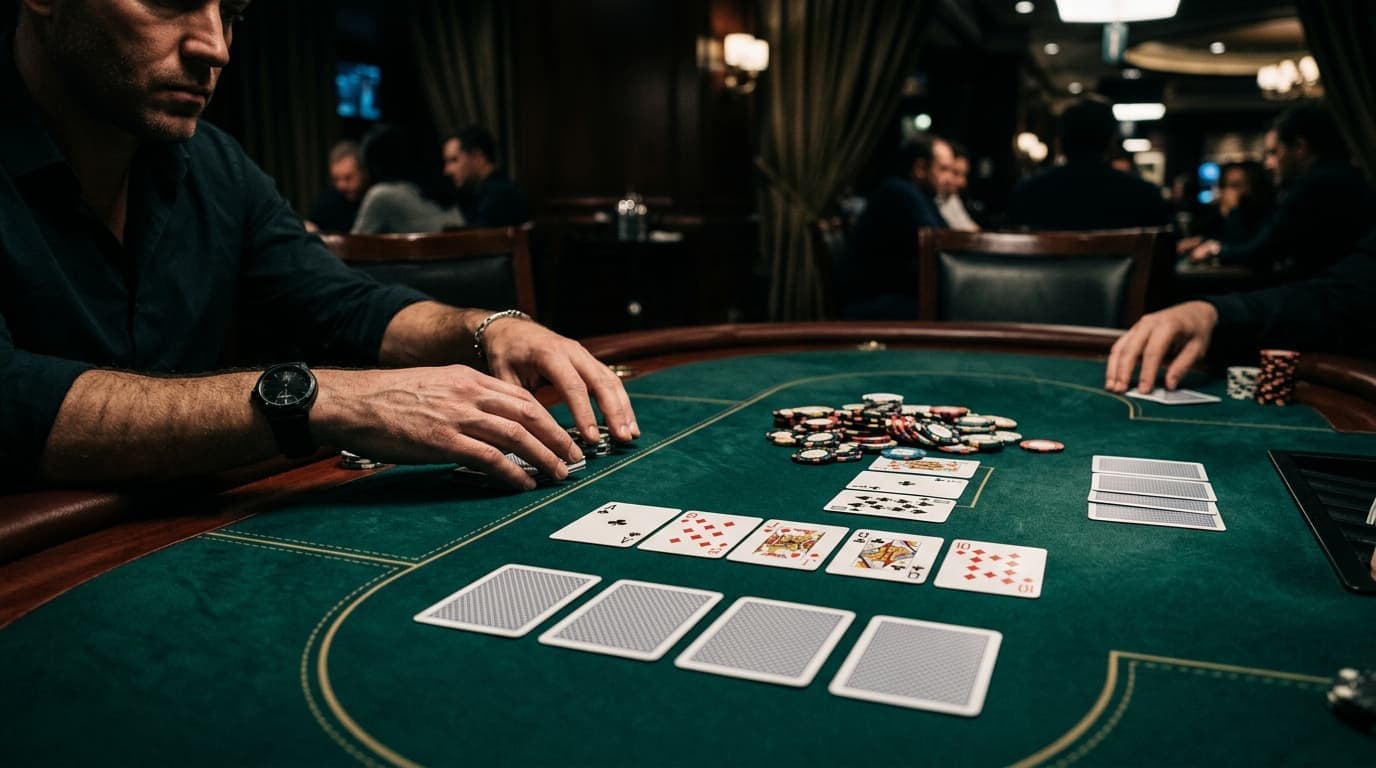 Scattered cards and chips cover the felt, giving the hand the unstable feel of Omaha variance.