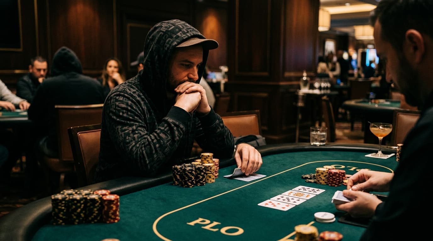 A hooded player rests his chin on his hands, buried in thought behind a wall of chips.
