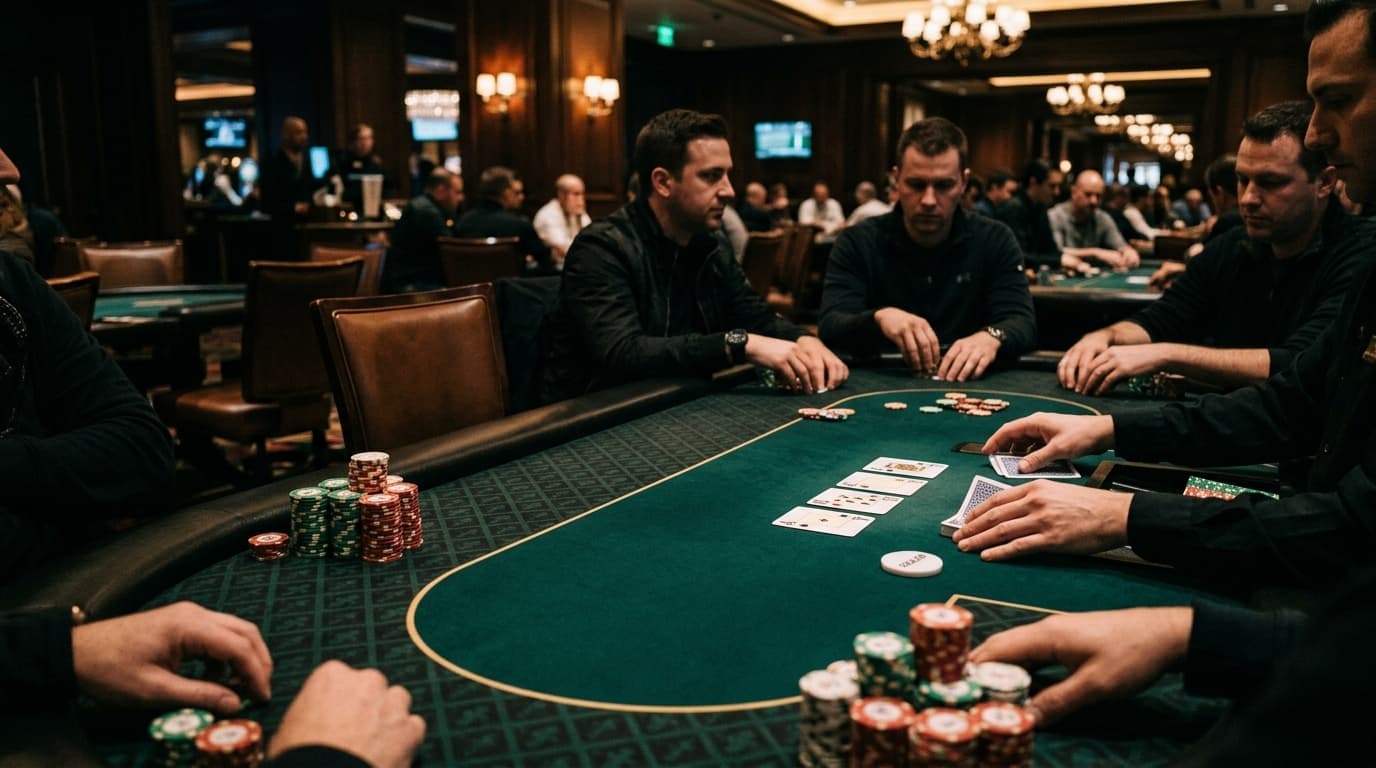 Rows of tables and open seats frame the search for the best live poker lineup.