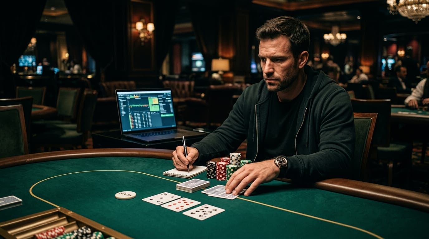 A laptop study session sits beside live cards and chips, turning a hand into homework.