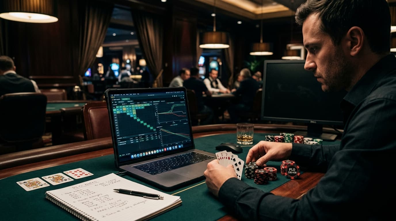 Charts, notes, chips, and four cards share the table in a focused study setup.