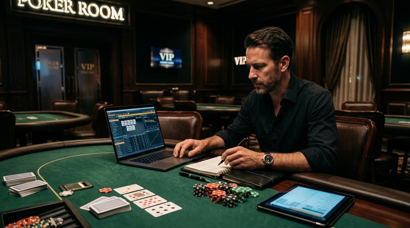 Screens, notes, and chips surround a player reviewing hands away from the table.