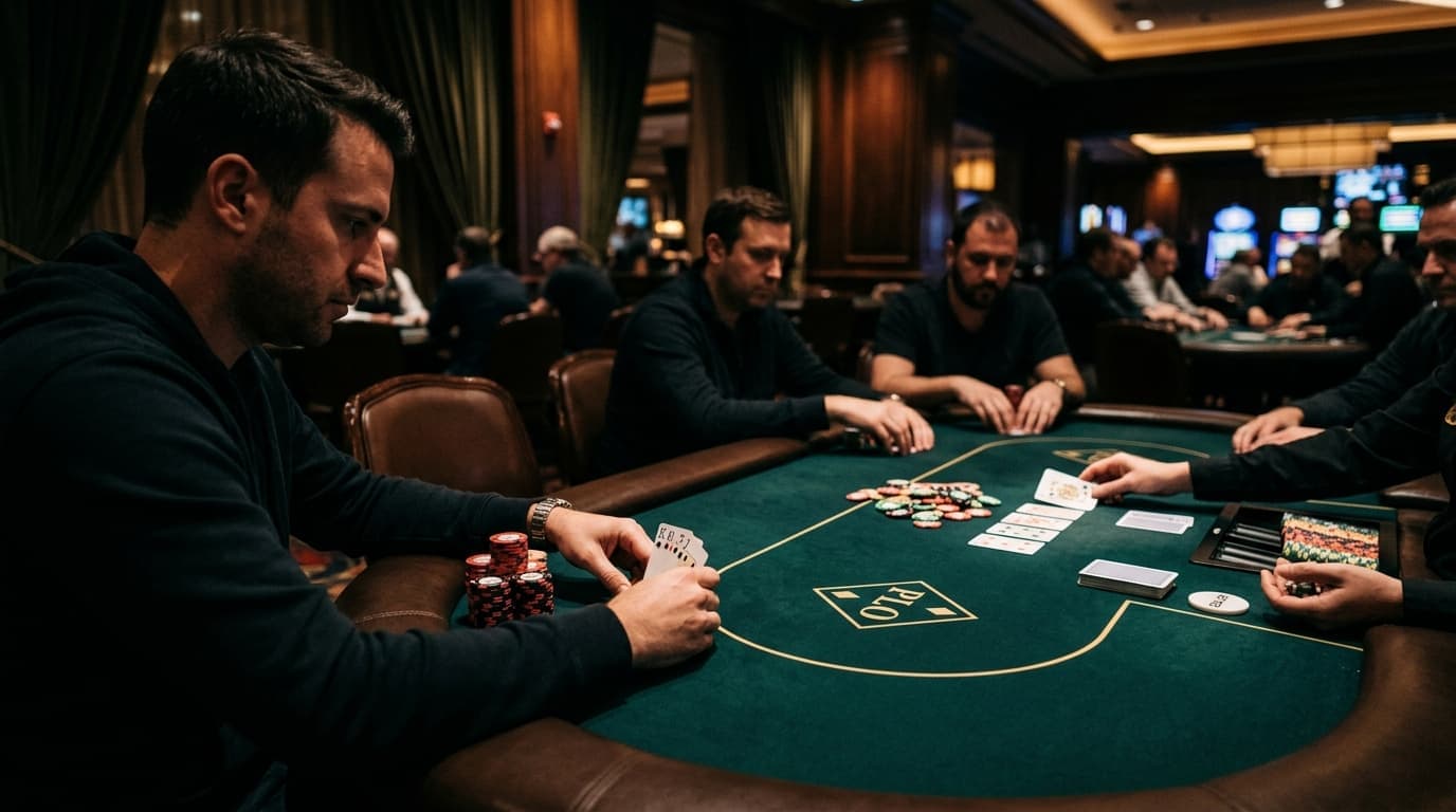 A modest live game plays under warm lights, with small stacks and several players involved.