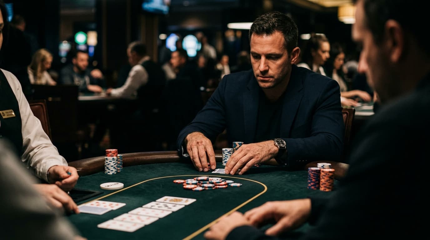 A focused player watches a small-stakes pot develop across a spread of cards and chips.