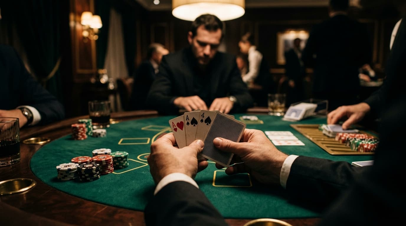 A four-card hand fills the foreground while a larger live game continues behind it.