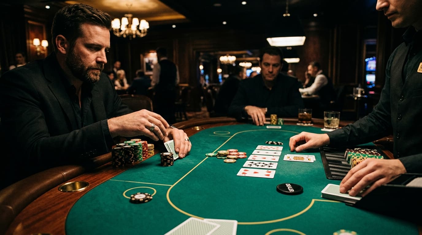 A patient player works through the next decision at a live table covered with chips and cards.