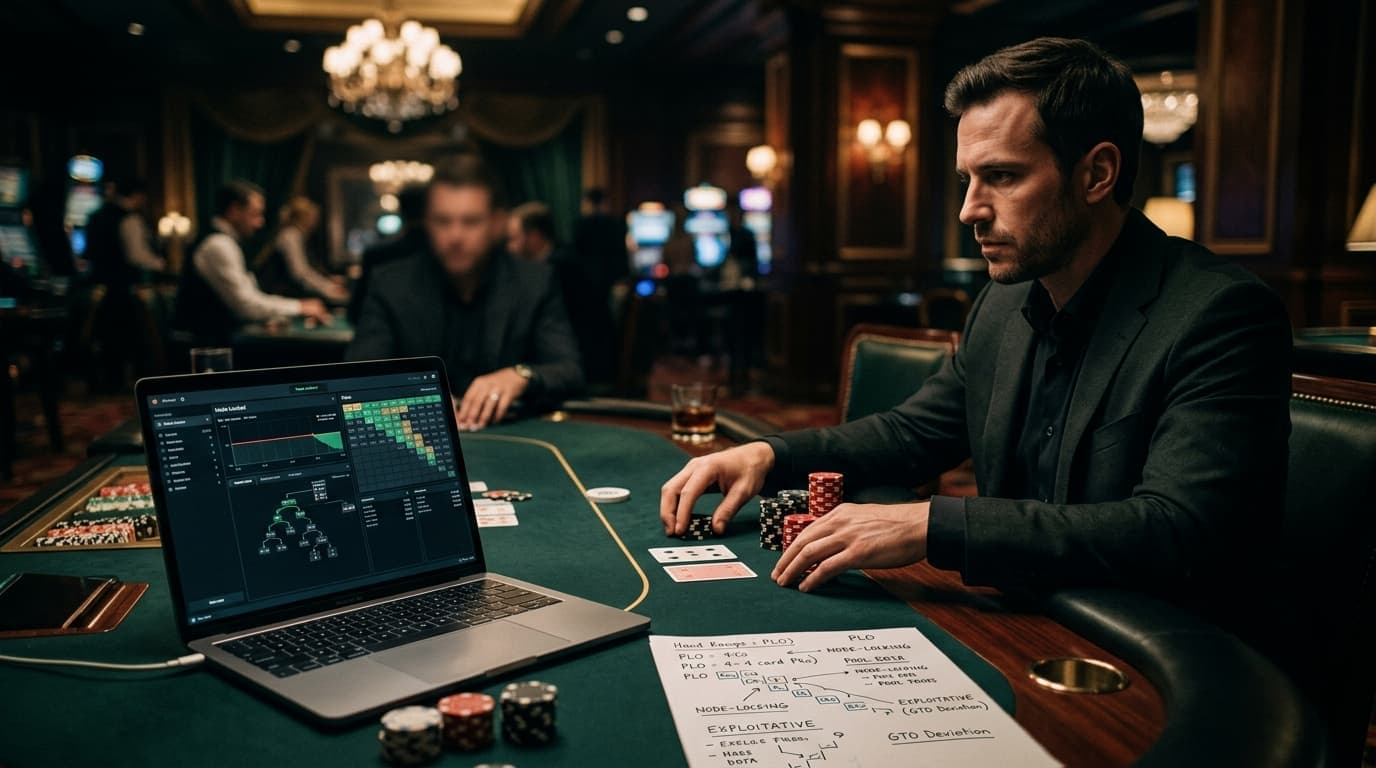 Solver software glows on a laptop beside a live-table setup of cards and chips.