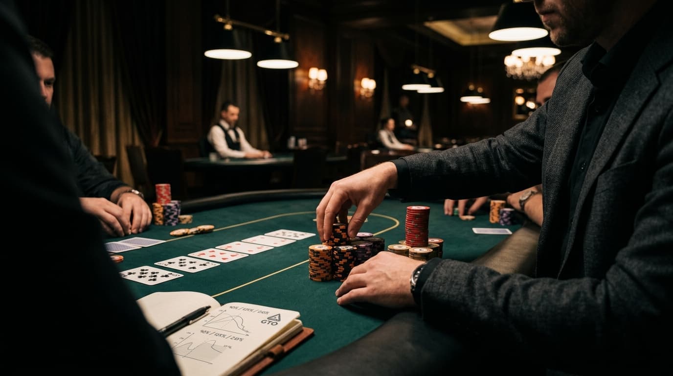 Players watch a PLO board with chips staged for a bet that could change the hand.