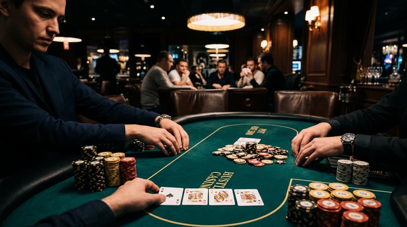 A large pot and coordinated board put one player under pressure from a deep stack.