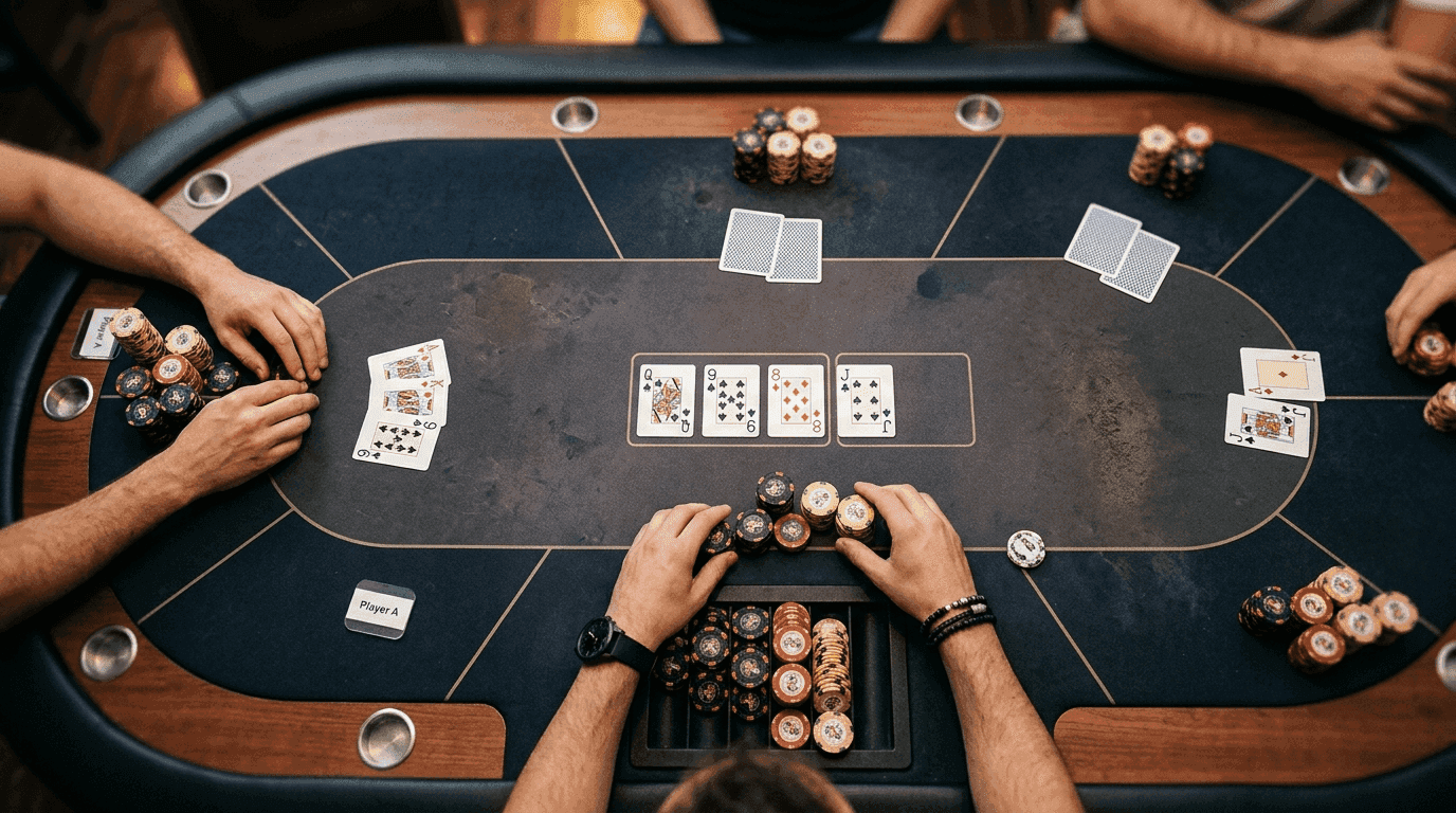 From above, a dealer button, board cards, and chip stacks mark a lead-bet decision.