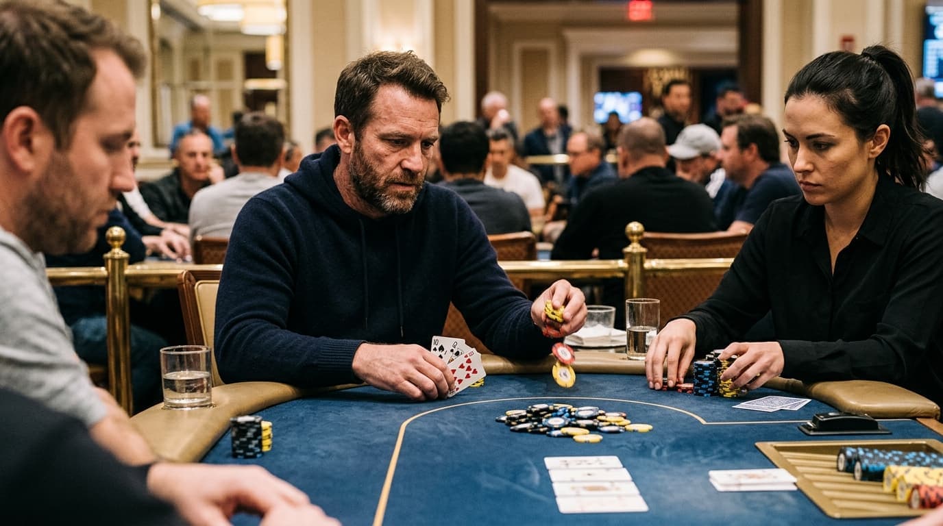 Players study a board where a made pair and draw possibilities collide.