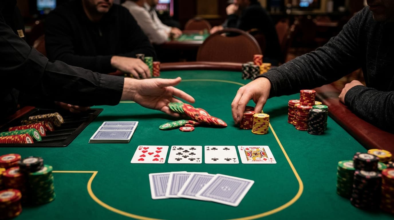 A hand reaches for chips on the turn with board cards spread in front of the table.