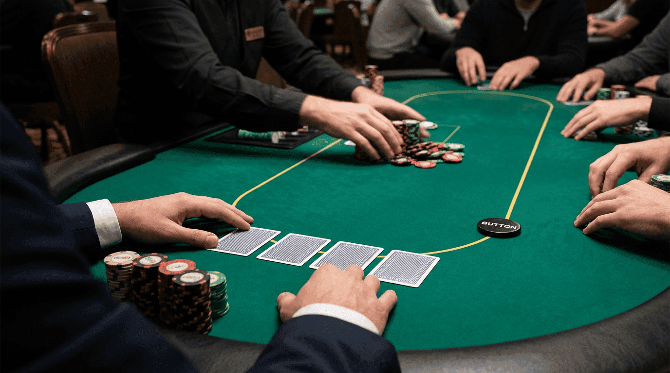A short-handed table waits on the button, chips and folded cards marking preflop pressure.