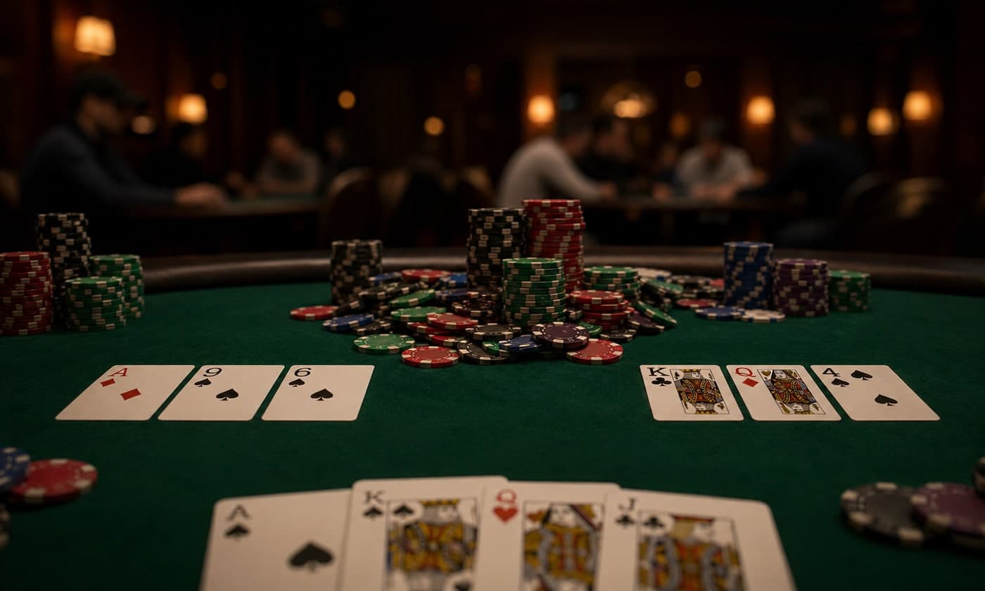 Two separate boards run across the table, with chips and hands split between both outcomes.