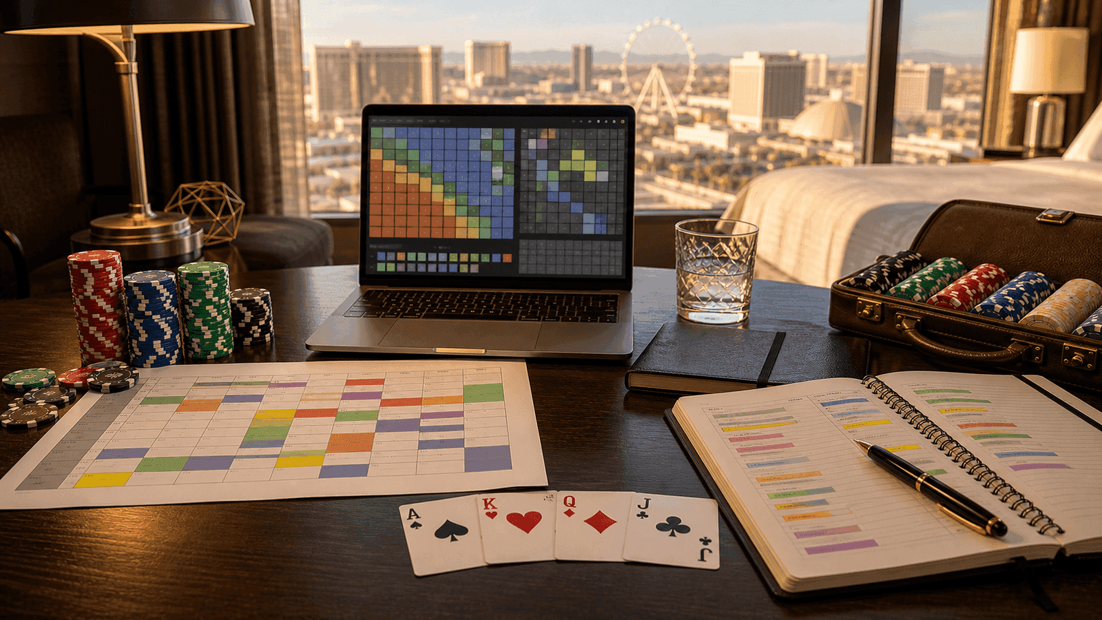 A laptop, planner, chips, and cards turn a hotel-room desk into a WSOP prep station.