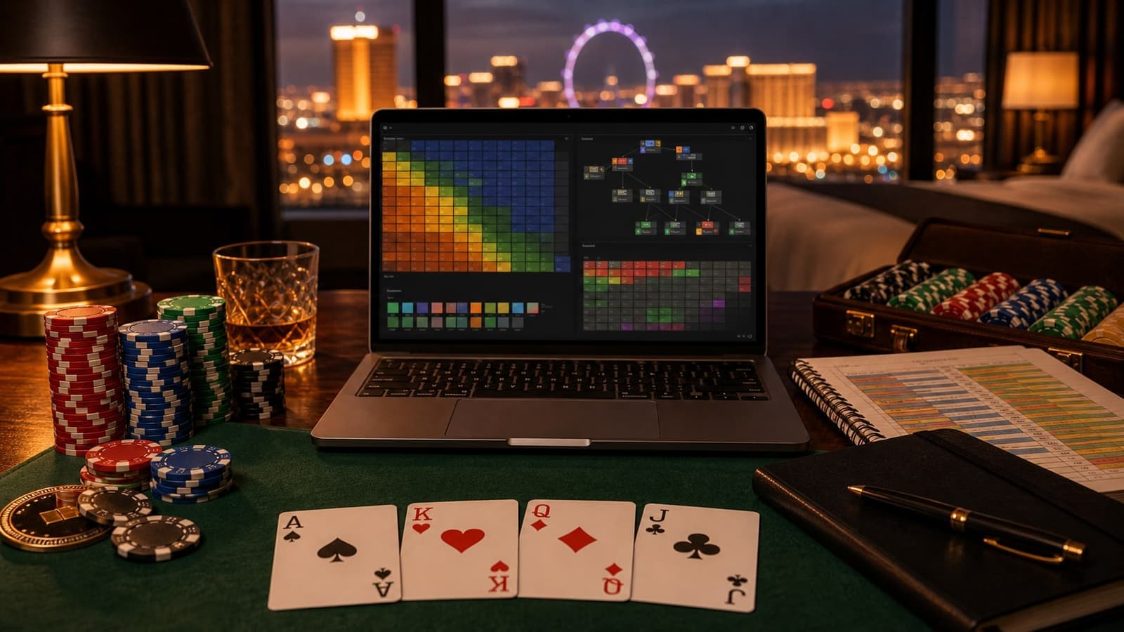 Solver charts and printed notes sit beside cards and chips in a tournament study setup.