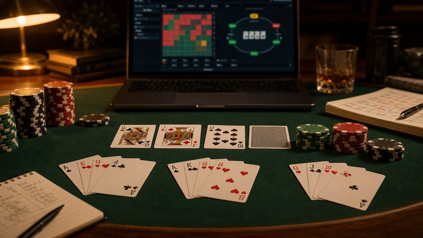 Several hands, boards, and range grids are arranged to compare nut advantage in a multiway pot.