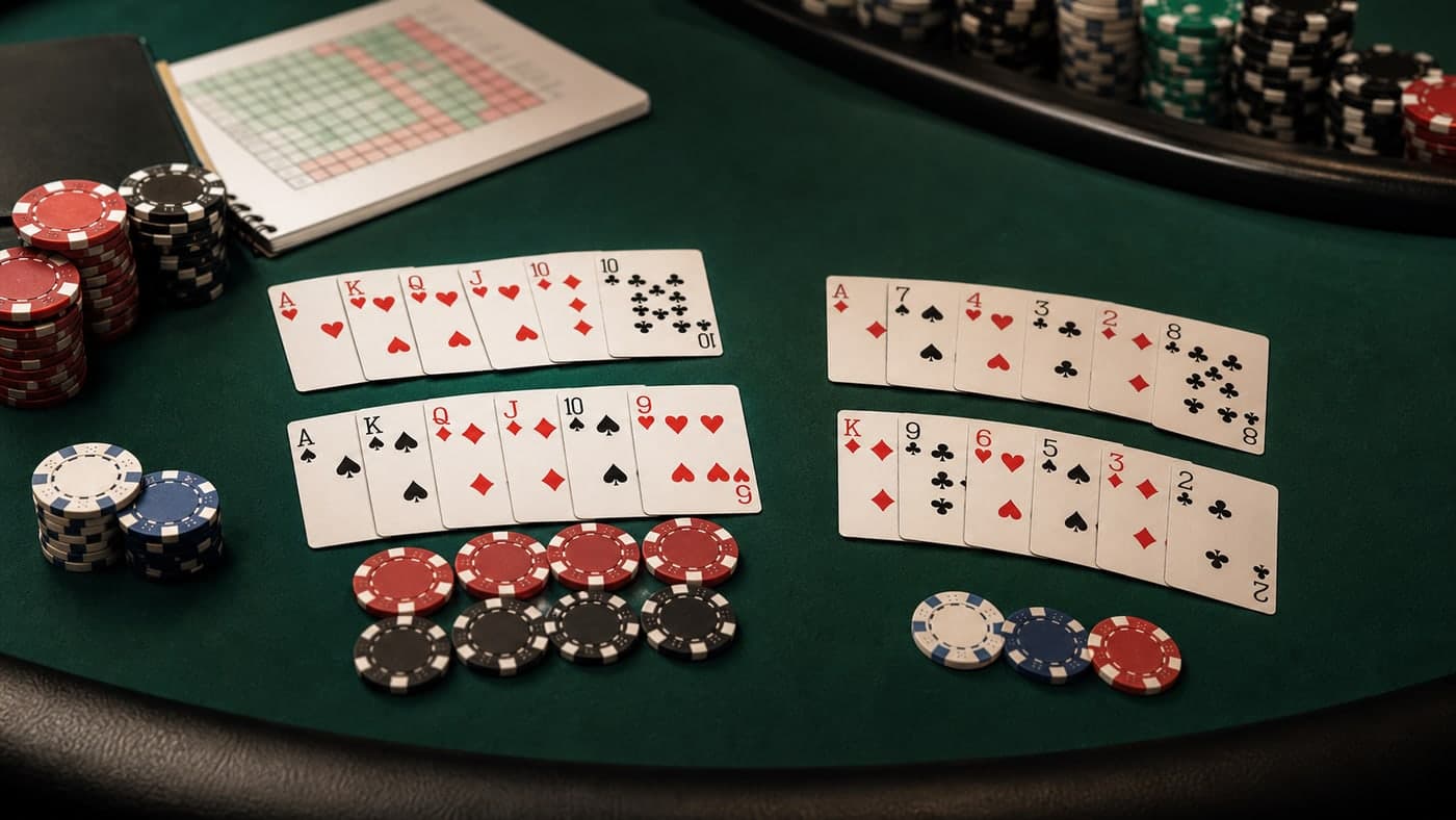 Six-card Omaha holdings are spread in rows, with chips and notes close enough to study.