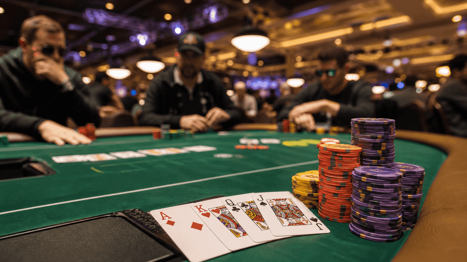 Bright casino lights, chip towers, and a PLO board create the feel of a summer bracelet event.
