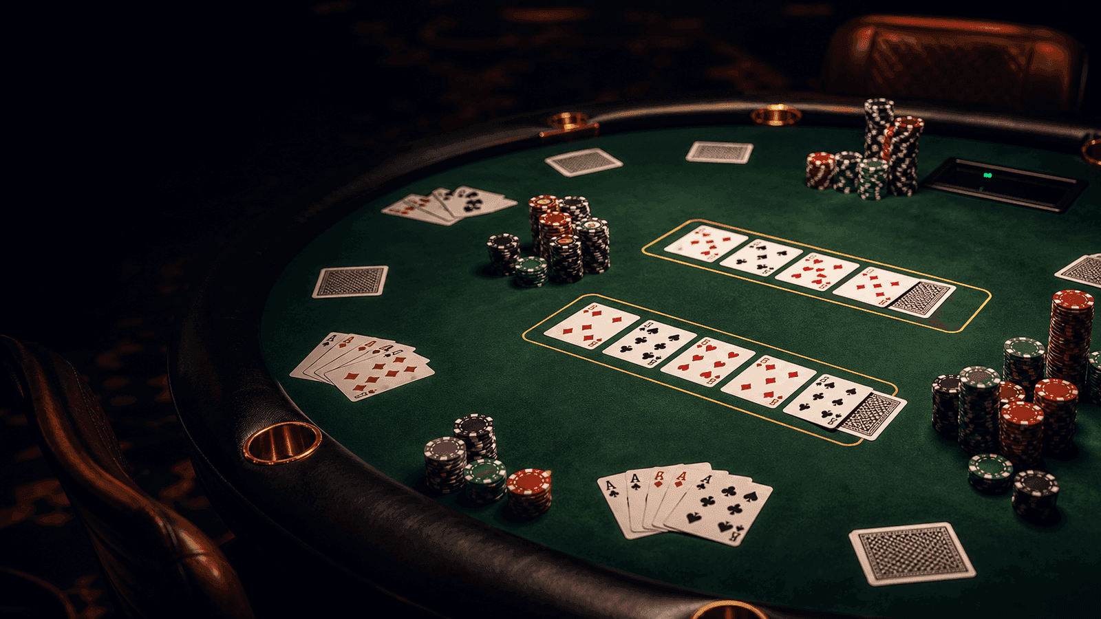 Two boards and multiple hands crowd the felt in a live bomb-pot scenario.