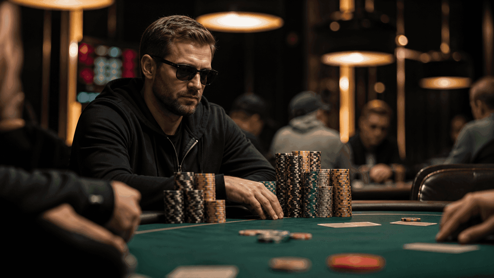 A calm deep-stacked PLO tournament player waits behind large chip stacks in a dim high-stakes room.