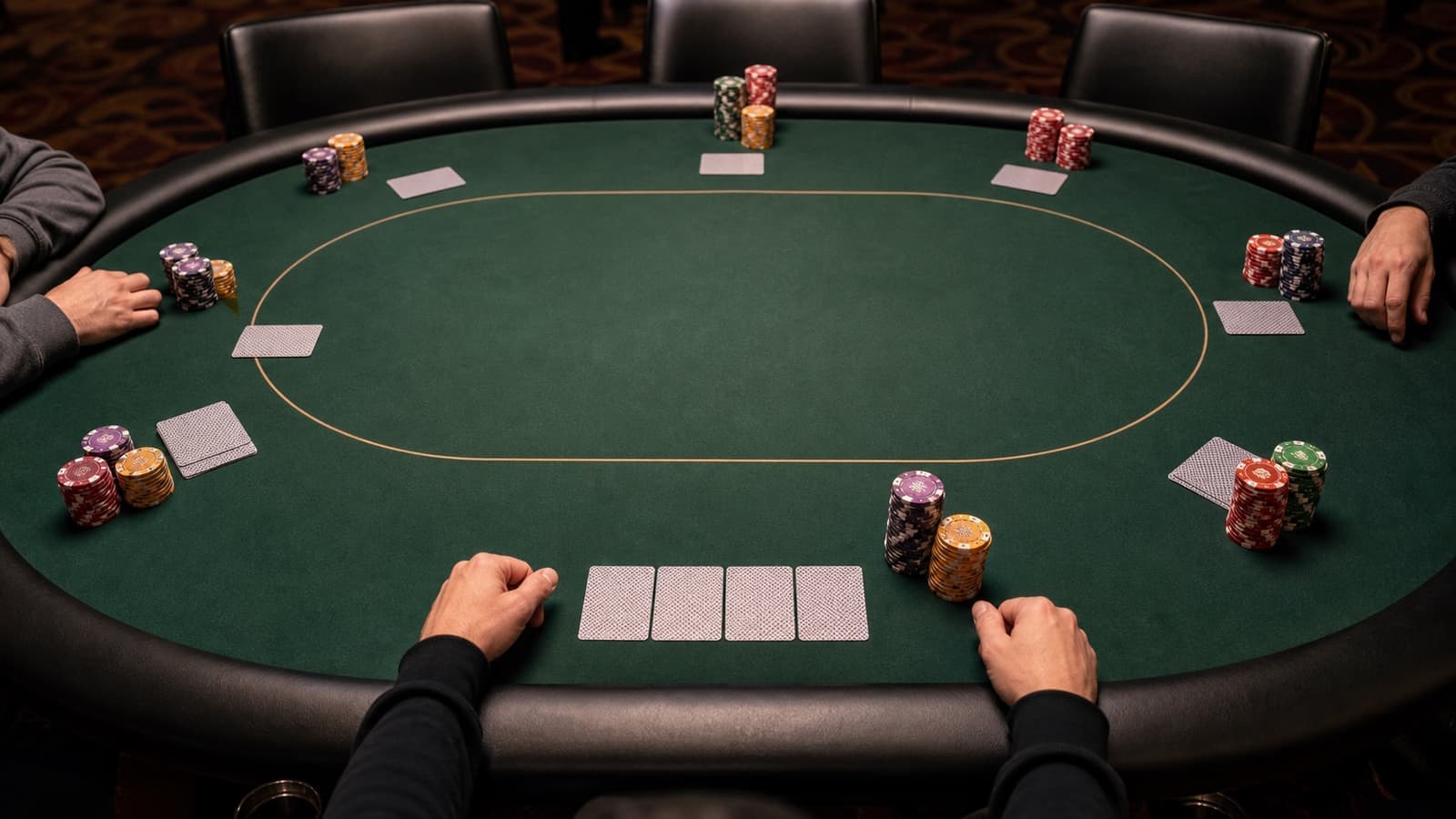 An eight-handed Pot-Limit Omaha tournament table is set preflop with separate chip stacks and four covered hole cards in front.