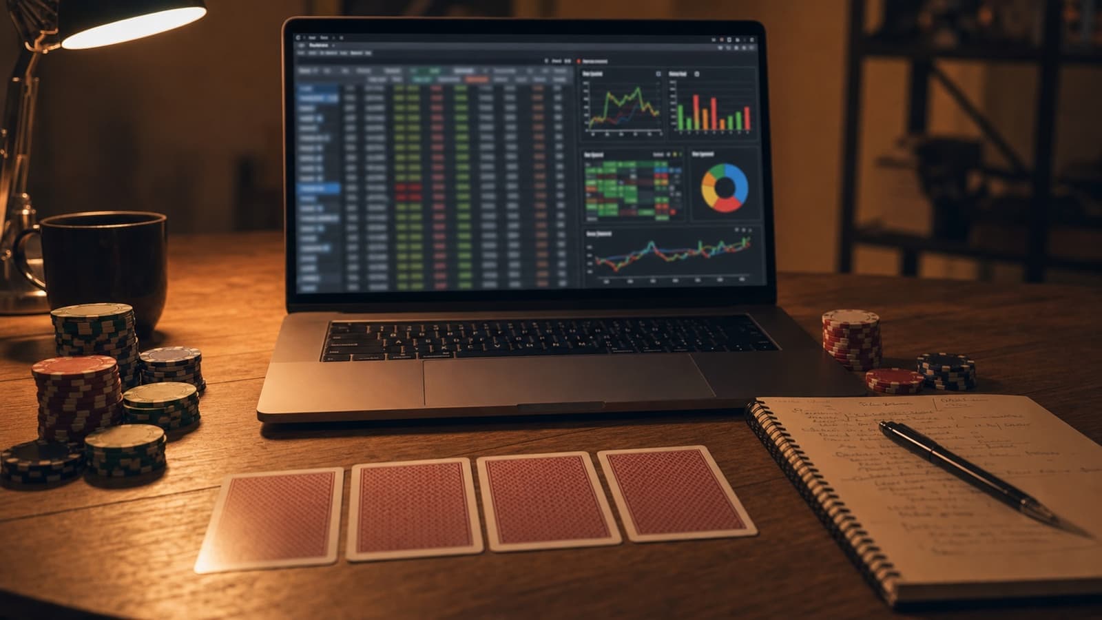 A focused PLO study setup shows a laptop database review, filtered hand histories, poker chips, and handwritten leak notes.