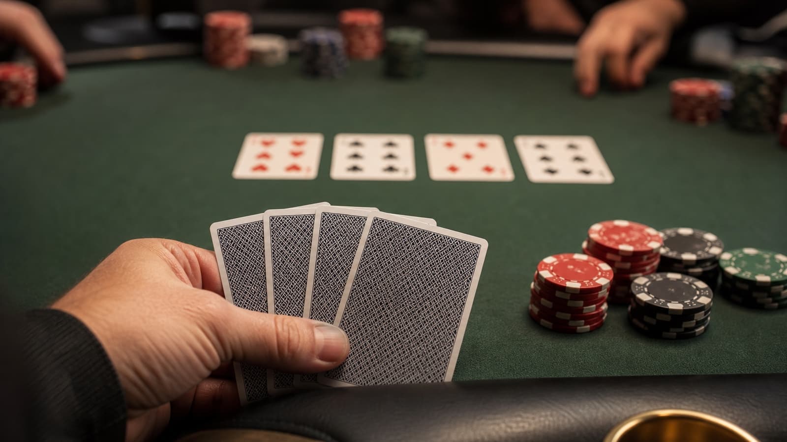 A five-card PLO hand is fanned over a live poker table beside four community cards and deep chip stacks.