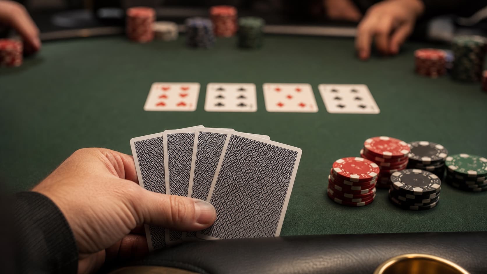 A five-card PLO hand is fanned over a live poker table beside four community cards and deep chip stacks.