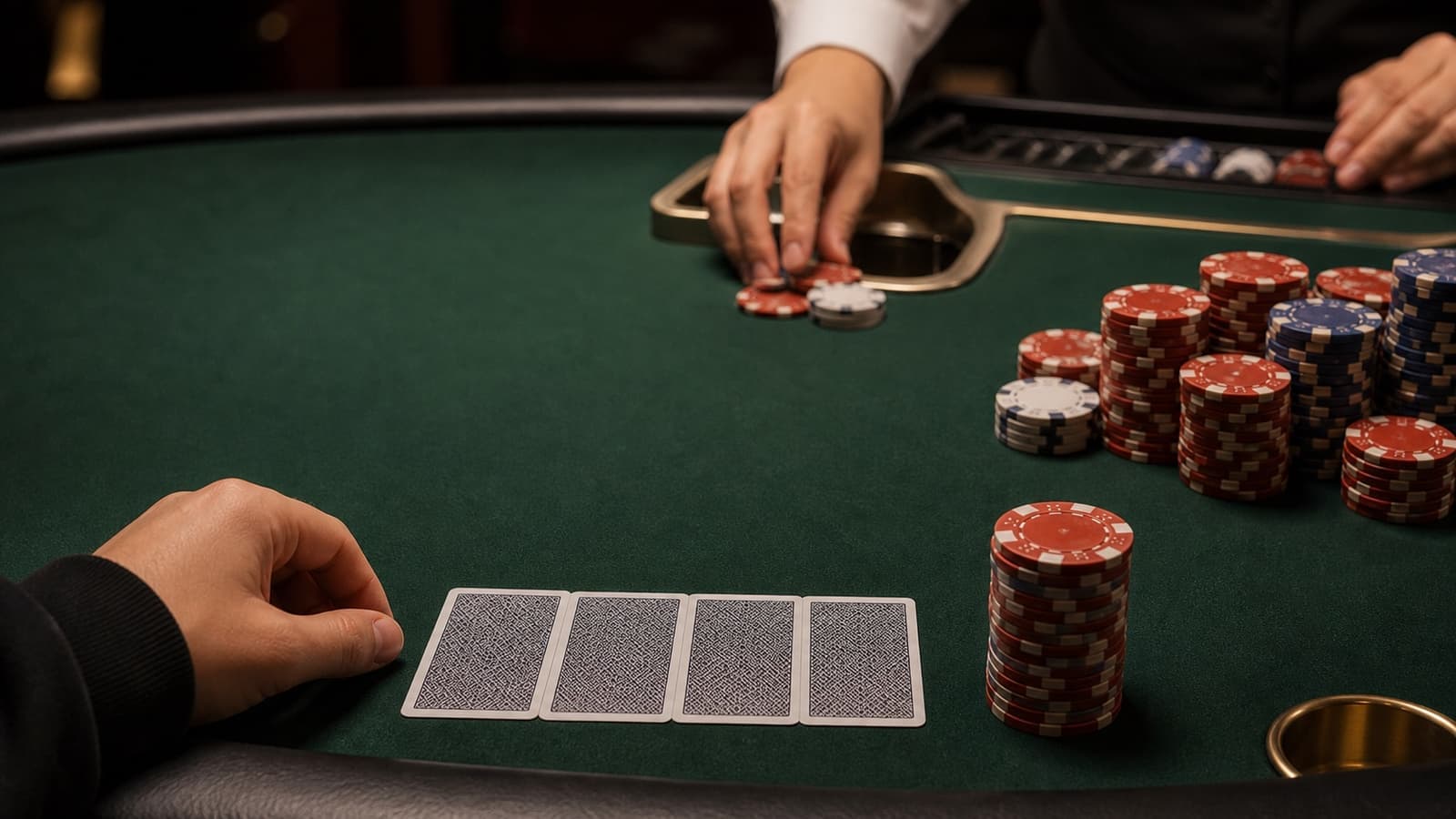 A dealer pulls chips from a live PLO pot beside four face-down hole cards and a full rack of casino chips.