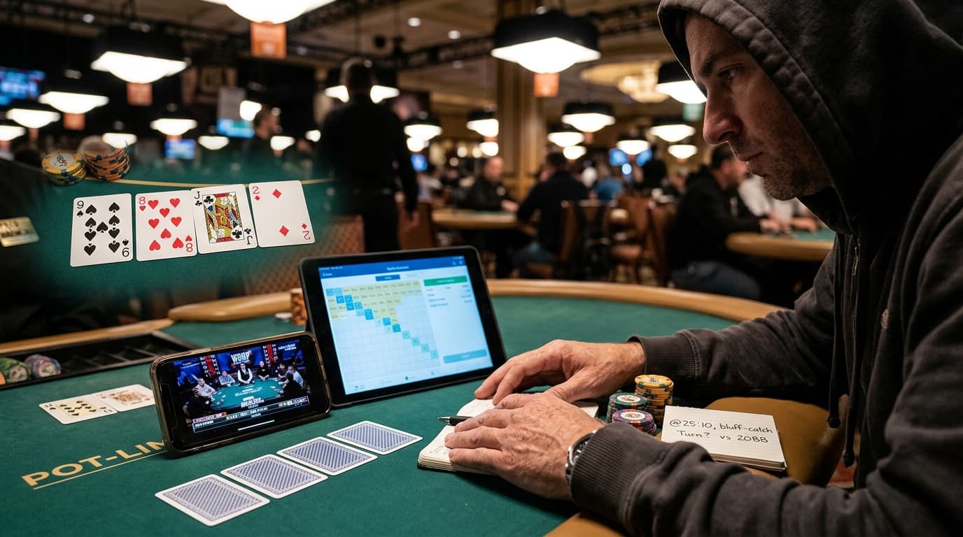 A focused poker player reviews a WSOP PLO stream beside handwritten hand-history notes, chip stacks, and four Omaha hole cards.