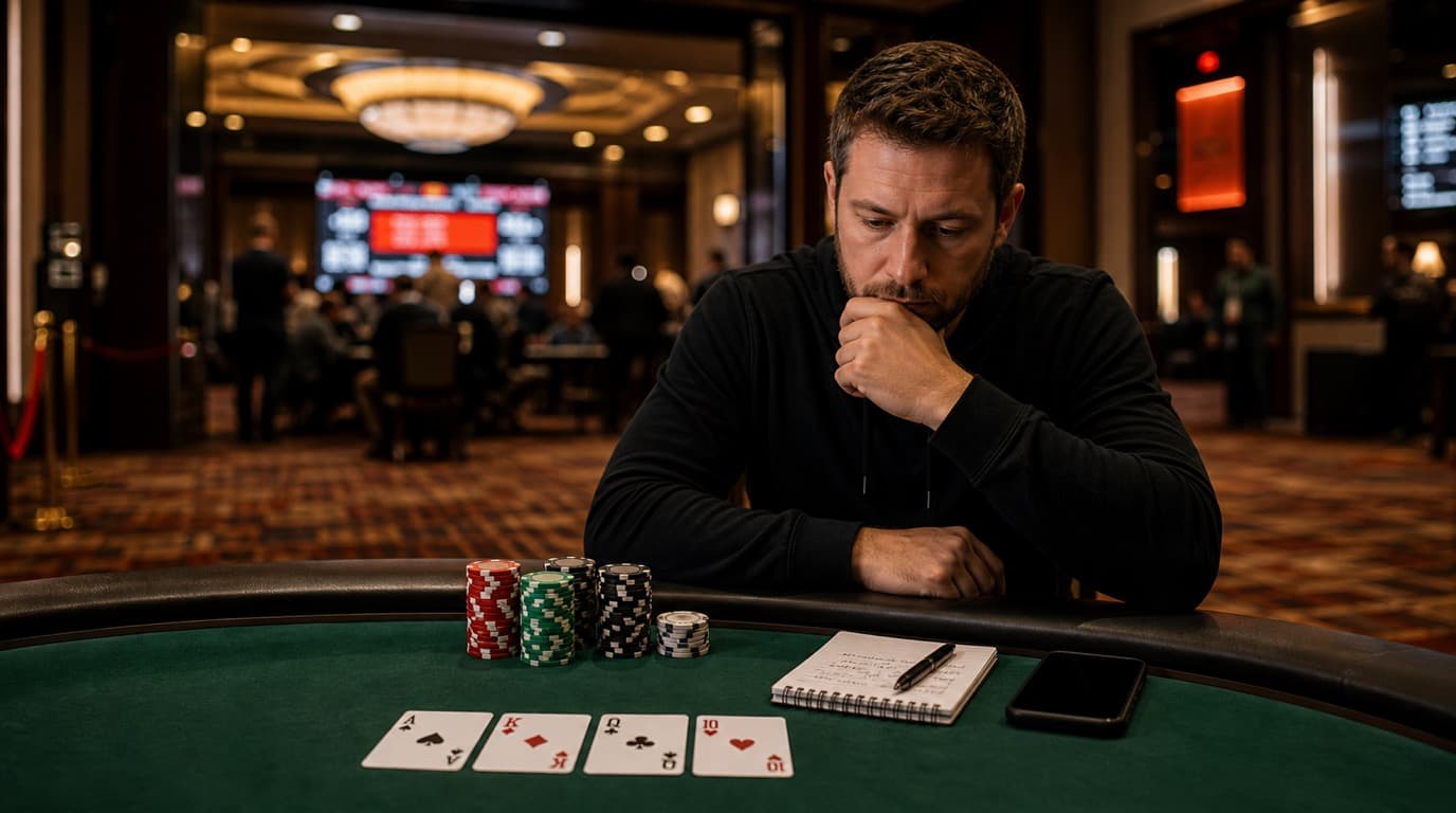 A composed poker player reviews a WSOP-style late registration decision beside chip stacks, a clock, and four Omaha hole cards.