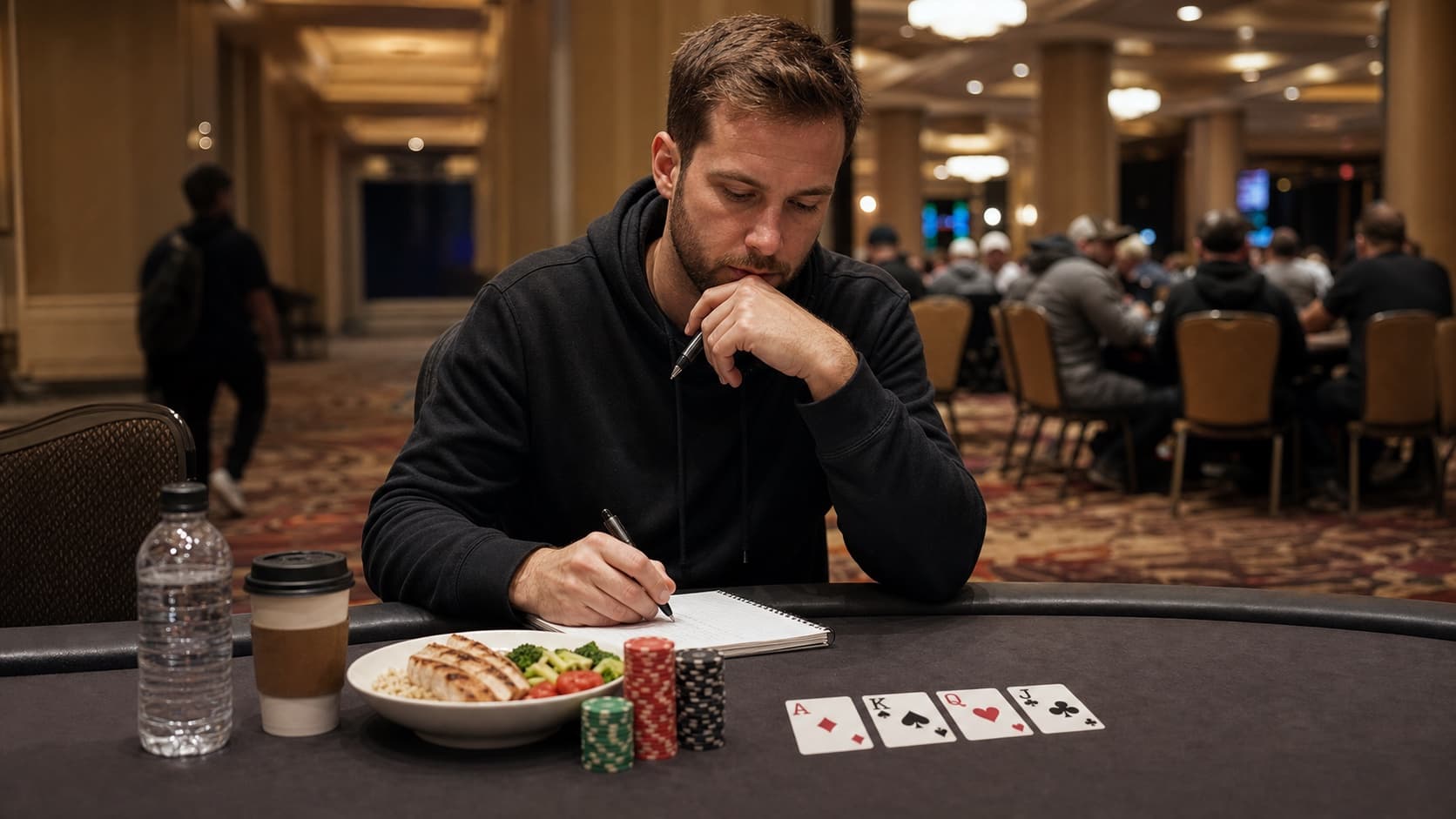 A poker player on a WSOP break chooses water, coffee, and a balanced meal beside chip stacks, notes, and four Omaha hole cards.