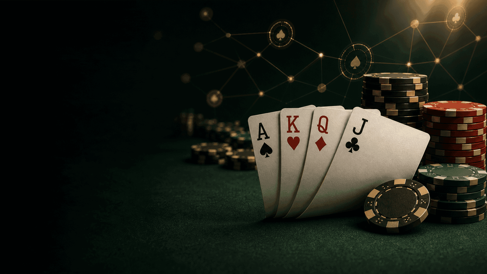 Four PLO cards, poker chips, and a subtle concept graph on green felt
