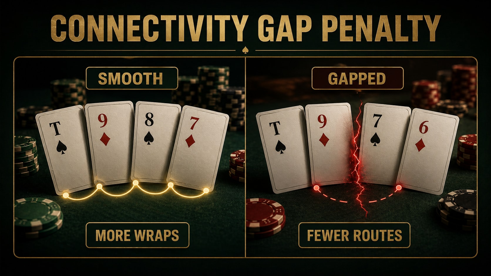 Connectivity gap penalty visual comparing a smooth connected PLO hand path with a broken gapped hand path.