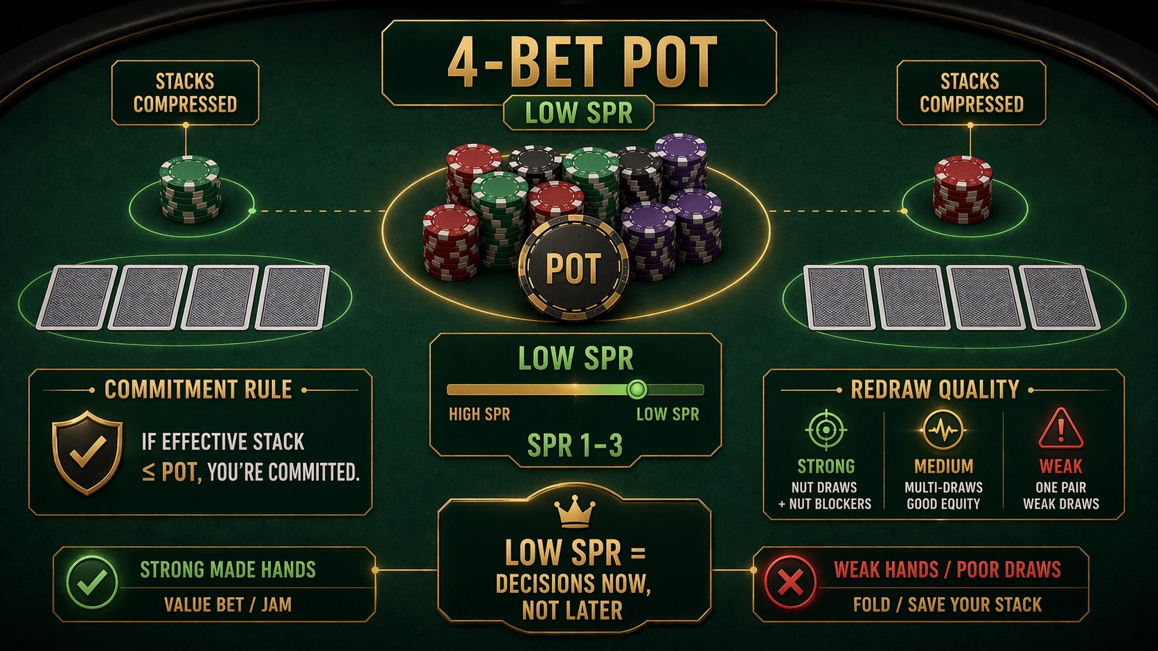 4-bet pot commitment visual showing a large pot, compressed stacks, low SPR, and redraw quality filters.