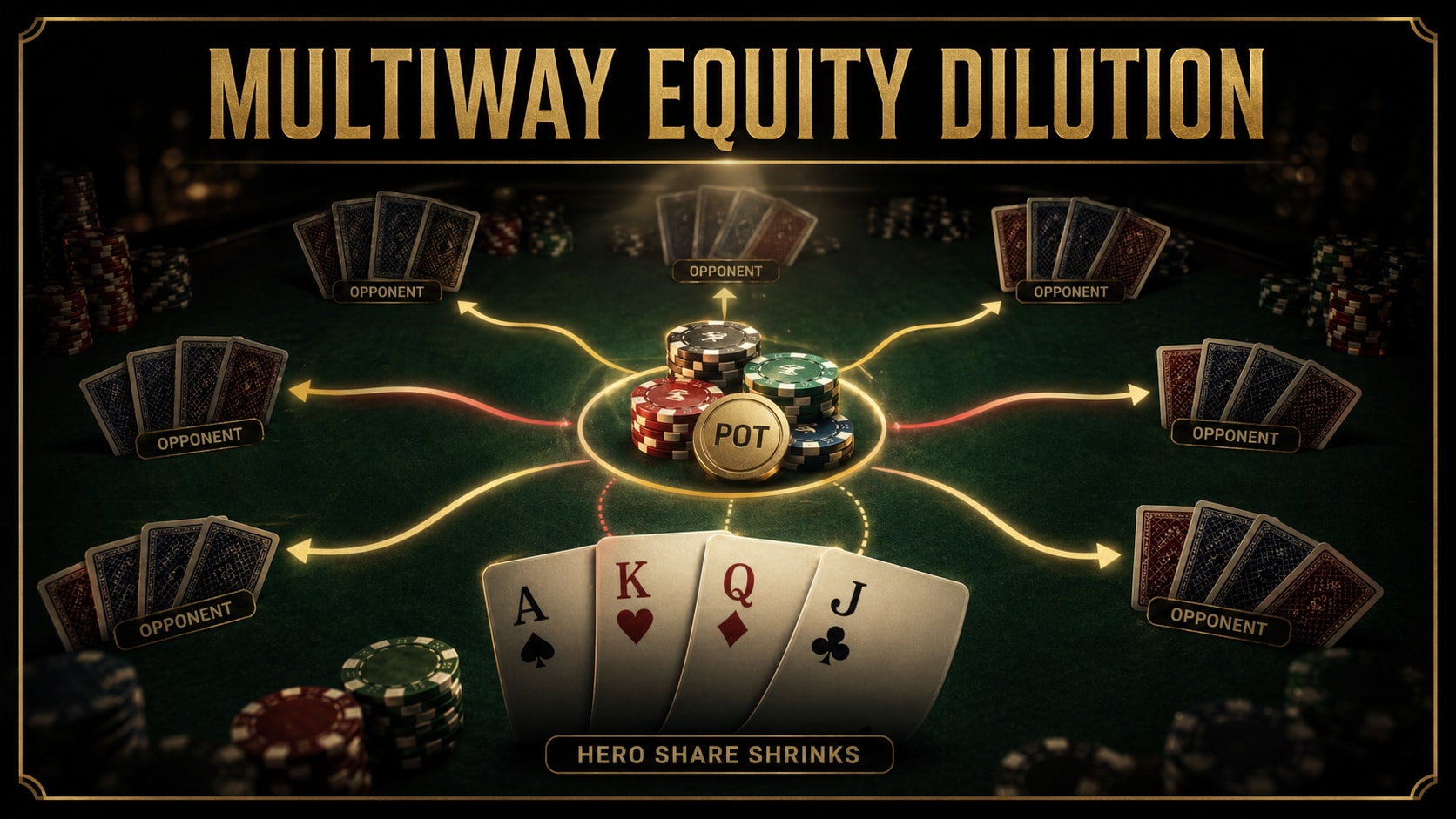 Multiway equity dilution visual showing a central PLO pot splitting into thinner equity paths across several player positions.
