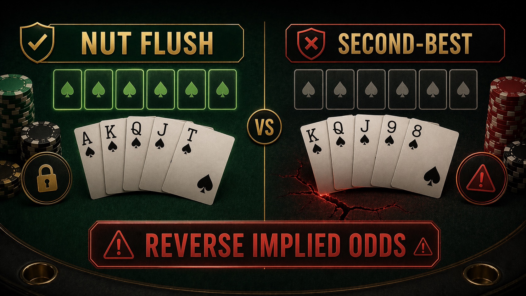 Non-nut flush danger visual contrasting nut flush strength with second-best flush reverse implied odds.