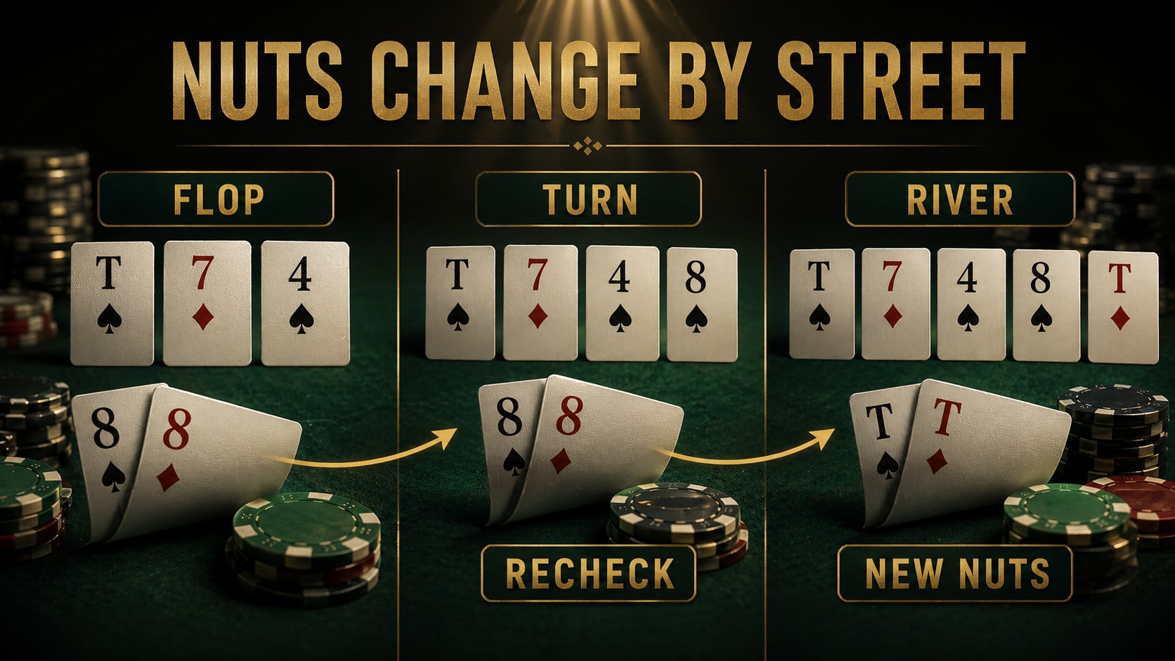 Nuts changing by street visual showing a PLO board timeline where one hand fades and another hand gains the dominant highlight.