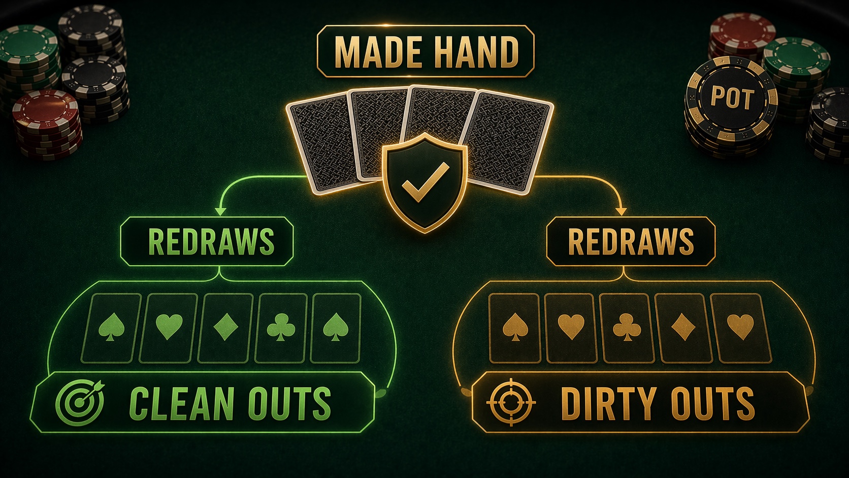 Redraw insurance visual showing a made hand with clean outs and dirty outs branching from it.