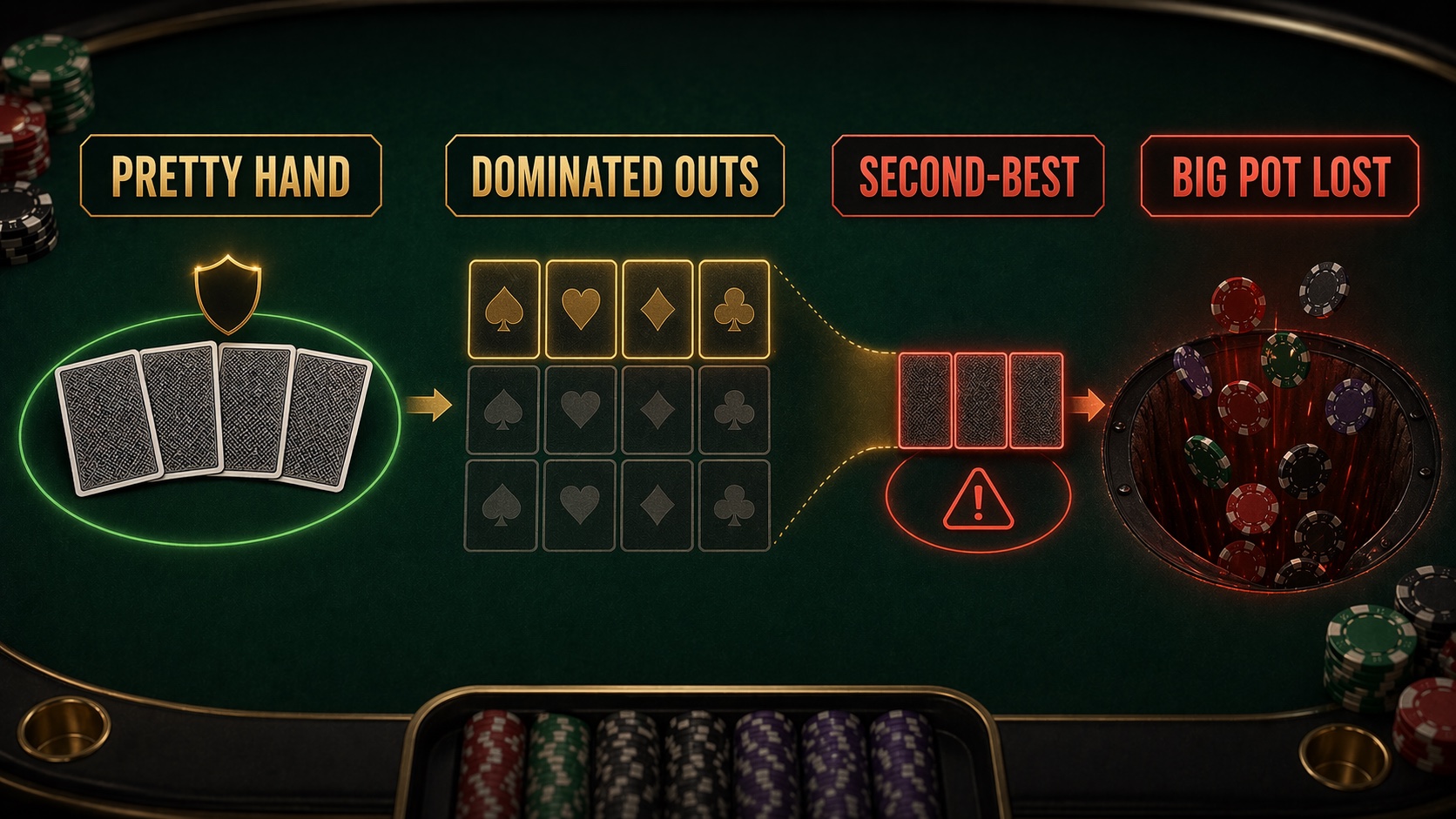 Reverse implied odds visual showing a pretty PLO hand flowing into dominated outs, second-best holdings, and a big lost pot.