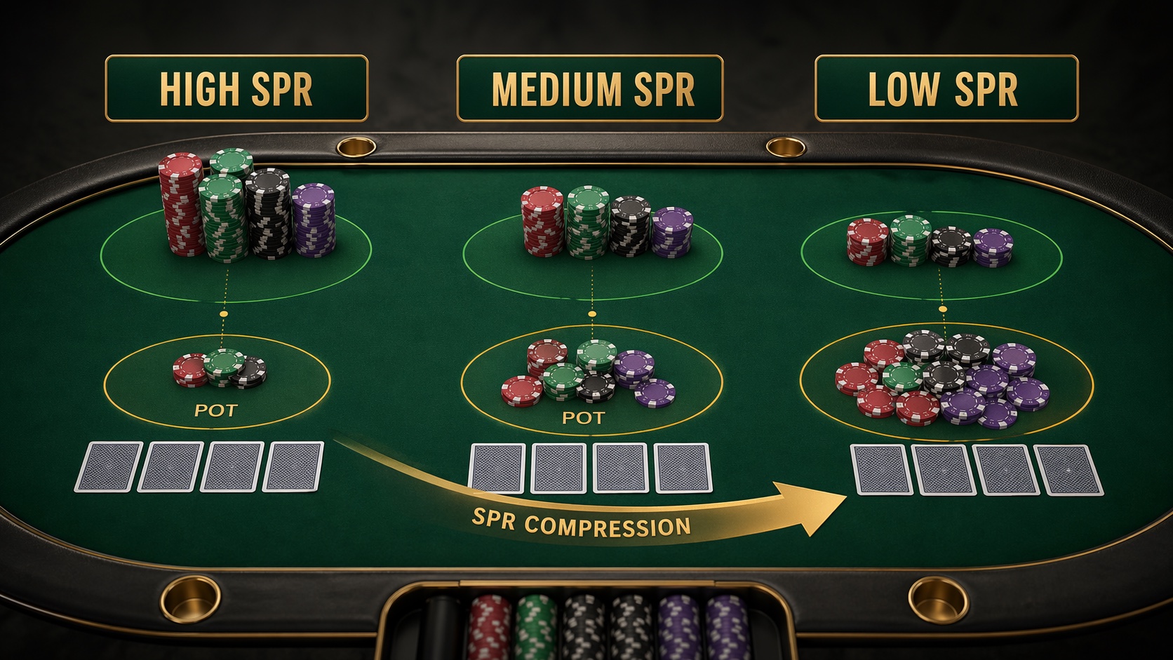 SPR compression visual showing high, medium, and low stack-to-pot ratio zones on a PLO table.